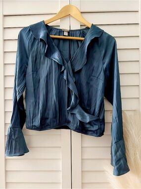 a new day Teal Ruffle Satin Blouse - Women Tops